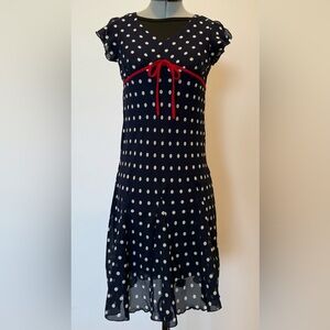Navy Polka Dot Pinup Style Dress with Red Accents